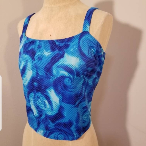DELTA BURKE BRIGHT BLUE FLOWERS PIXEL SWIM TANK CROP TOP TANKINI PLUS VINTAGE 16 - Picture 3 of 5